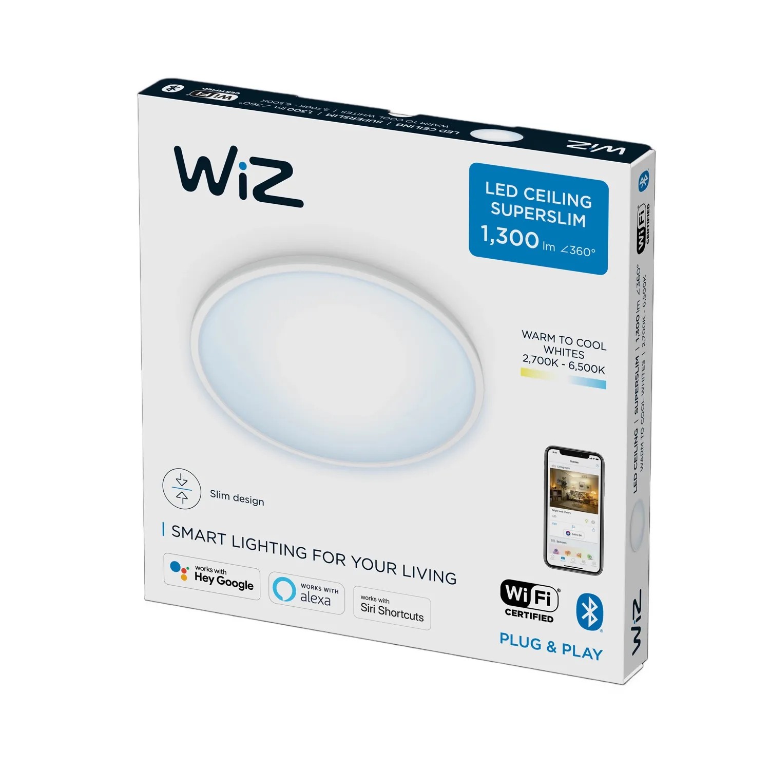 Verpackung der smarten WiZ LED-Deckenleuchte SuperSlim, tunable white, 1300 lm, Ø 24,2 cm.