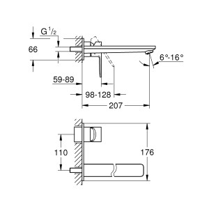 Technische Zeichnung der Grohe Lineare 2-Loch Waschtischarmatur, Ausladung 207mm.
