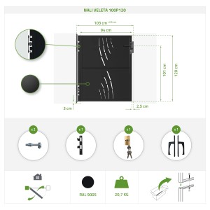 Detailzeichnung Casanoov Stahltor Nali Veleta, 120 cm hoch, mit Pfosten und Zubehör.