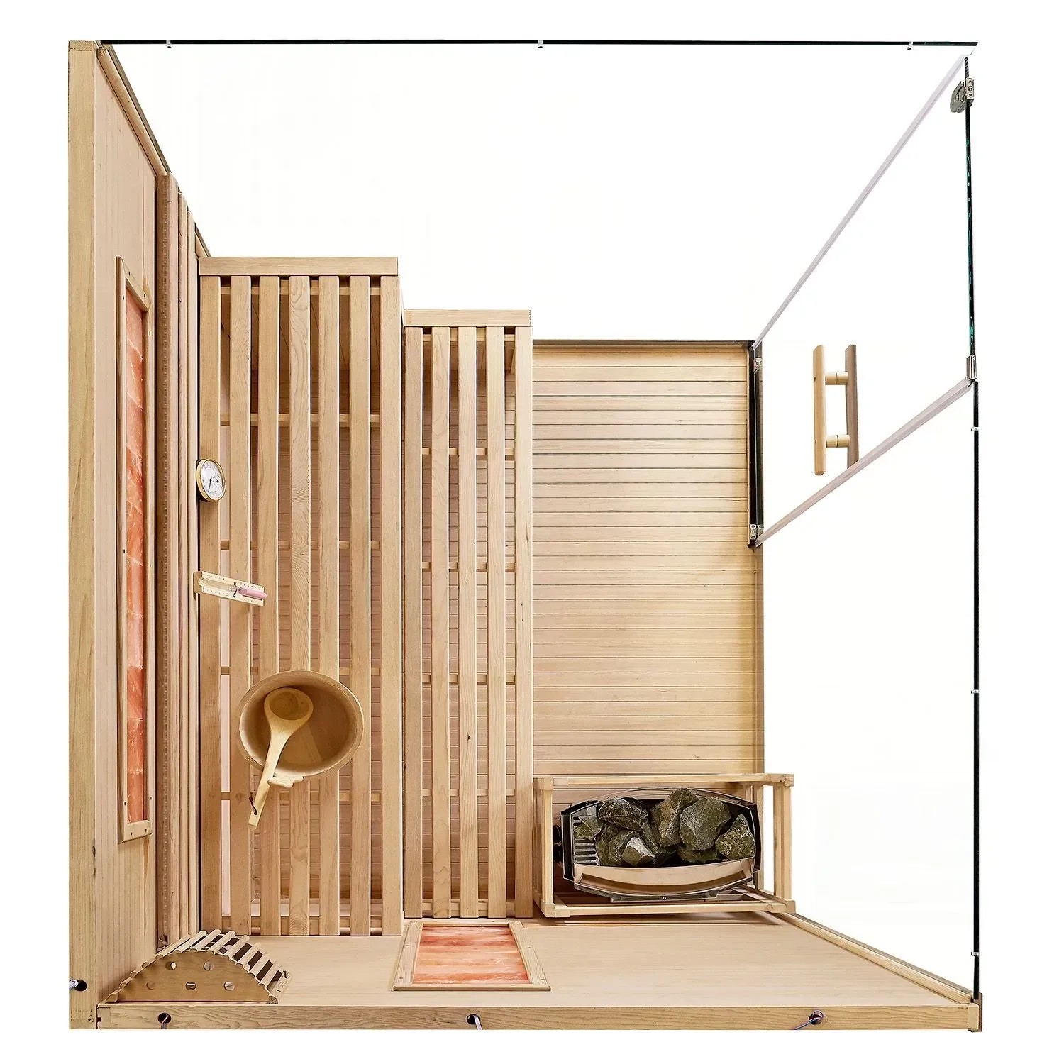 Artsauna Vantaa Sauna 150x140cm mit Saunaofen, aus Hemlockholz mit Glasfront und Zubehör.