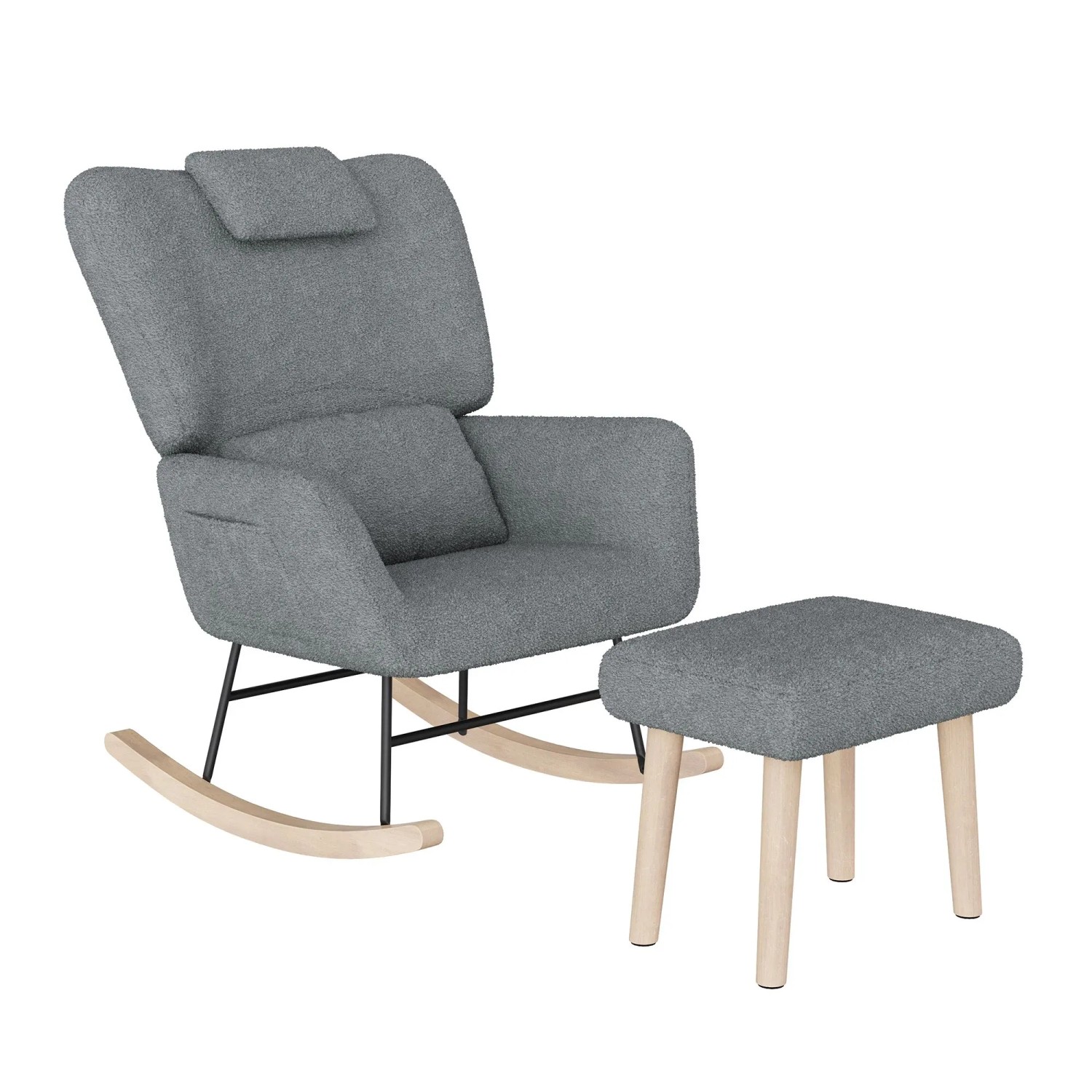 PXloue Schaukelsessel Schaukelstühle mit Hocker und Kissen Fleece Grau