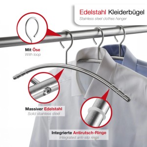 SOTECH 5er Set Design Kleiderbügel mit Antirutsch Ringen Edelstahl Massiv Gebürstet Ø12 mm x 433 mm Rundrohr mit Öse