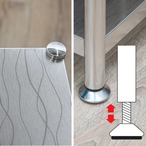 Detailaufnahme: shelfr Schwerlastregal aus Edelstahl, justierbare Füße, Regal mit 2 Ebenen.