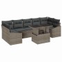 Graues 8-teiliges vidaXL Garten-Sofa-Set aus Poly Rattan mit Tisch und grauen Kissen.