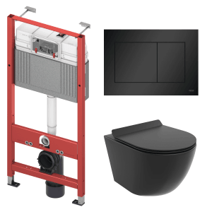 Bad Land WC SET Vorwandelement TECEbase + Toilette ROLO Schwarz + Platte Rechteckig in Schwarz