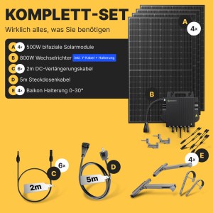 Solakon Balkonkraftwerk 2000W Solaranlage mit Balkonhalterung Steckerfertig Komplettset Photovoltaik 800W Kabellänge 5m