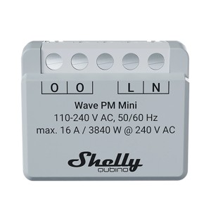 Shelly Wave PM Mini Relaismodul, 16A, weiß, für Hausautomation. Kompaktes Design mit Leistungsmessung.