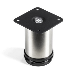 SOTECH Möbelfuß JIM aus gebürstetem Edelstahl, Ø50 mm, 80 mm Höhe, mit schwarzer Montageplatte und Höhenverstellung.