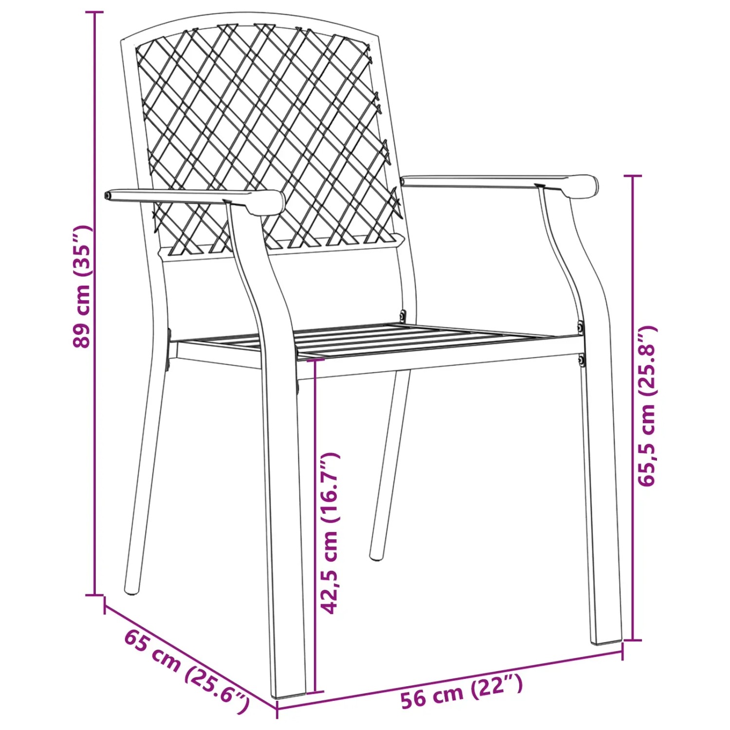 Detailaufnahme eines anthrazitfarbenen Gartenstuhls aus Stahl mit Maßangaben, Teil eines 9-teiligen Ess-Sets von vidaXL.