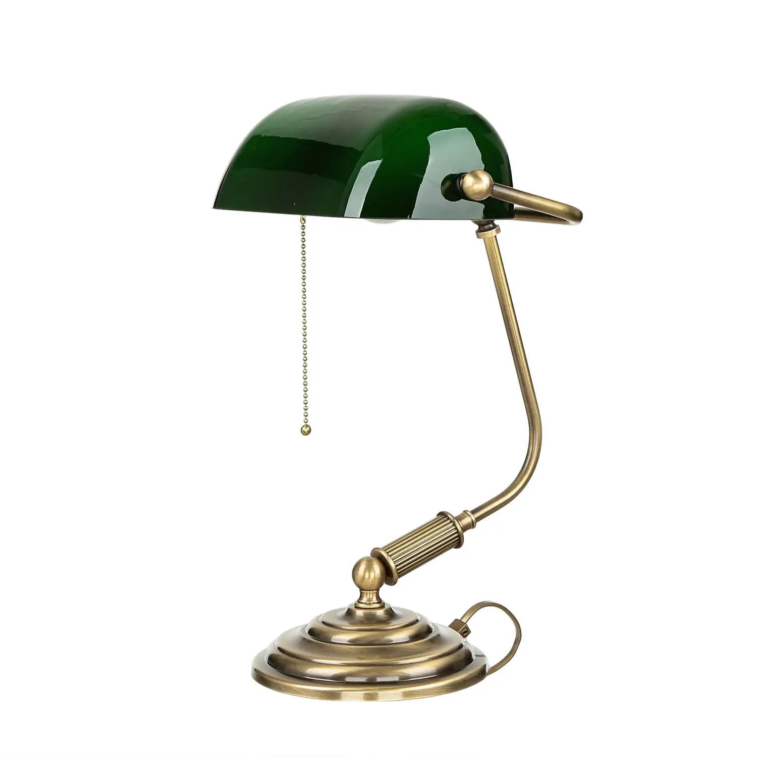 Licht-Erlebnisse Bankerleuchte Zugschalter 25,5 cm Messing Glas E27 In Bronze Grün