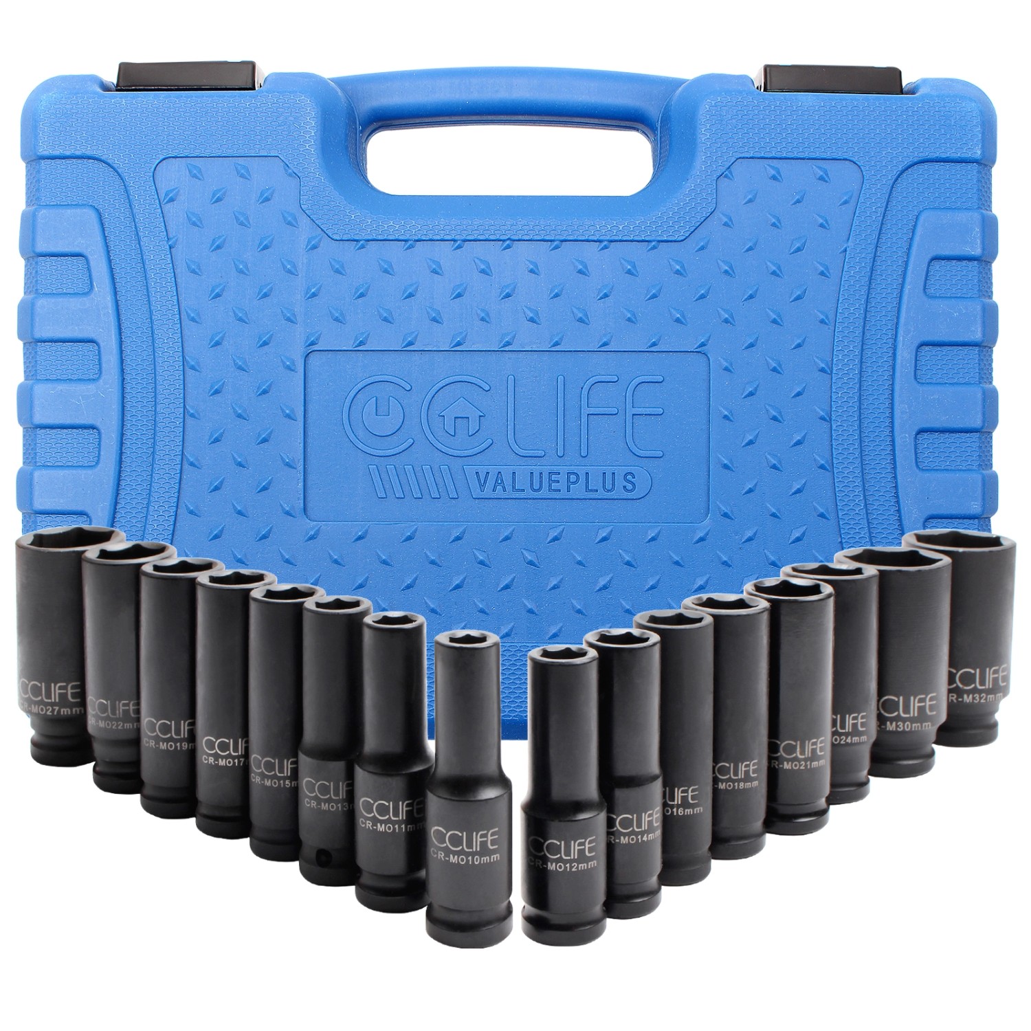 CCLIFE 1/2'' Schlagschrauber Nüsse Set 16tlg 10-32mm Cr-Mo Tiefe Sechskant Kraft Nuss Steckschlüssel Schlagnuss