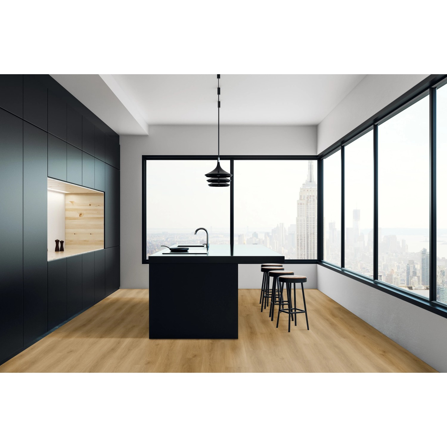 Moderner Raum mit Check Klebe-Vinylboden Expert Albera Eiche in Holzoptik.
