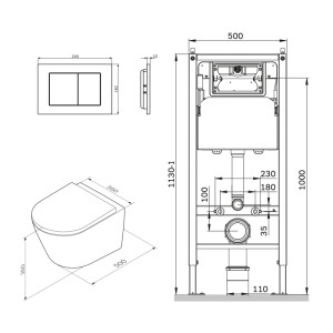 Technische Zeichnung AM.PM WC-Set: Wand-WC, Vorwandelement, Drückerplatte mit Maßen.