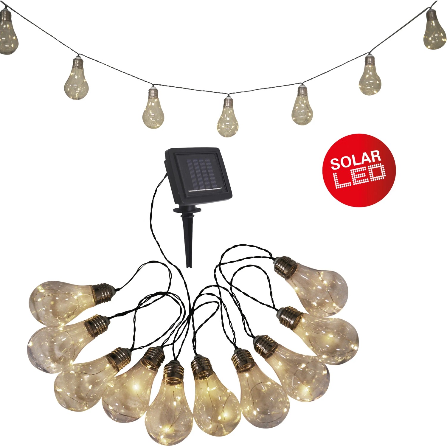 Schwarze 10er LED Solar Lichterkette mit Glühbirnen, 7,60 m lang, für den Außenbereich.