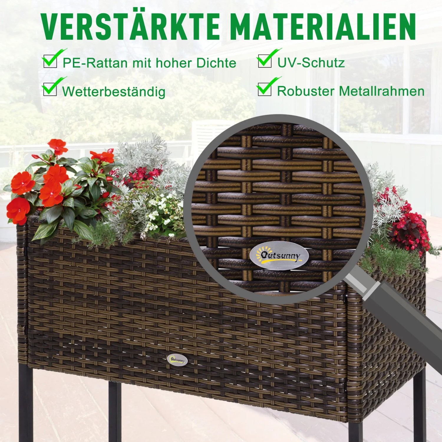 Outsunny Blumenkasten aus Rattan mit Füßen und Ablage, braun. Hochbeet für Garten und Terrasse.