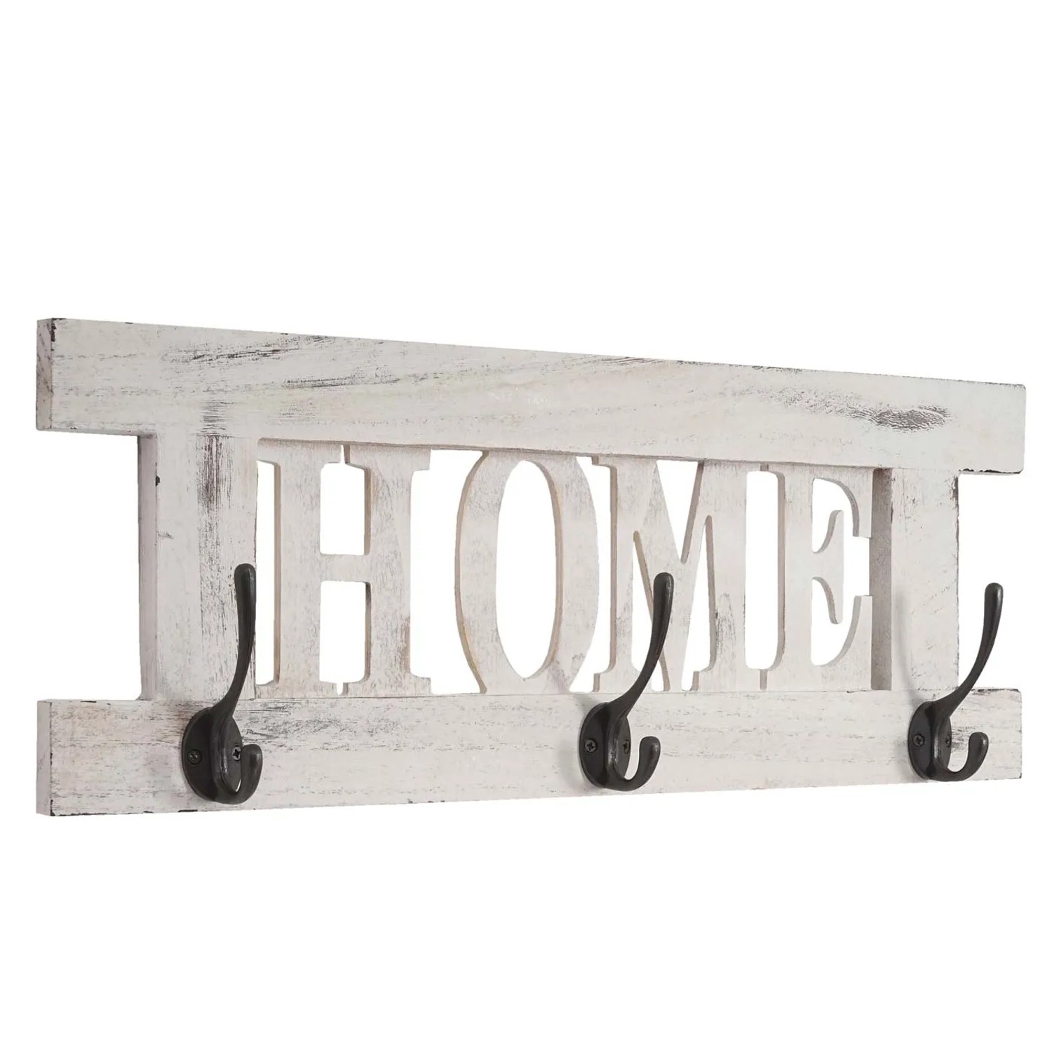 Weiße Wandgarderobe im Shabby-Look mit HOME Schriftzug und drei Doppelhaken.