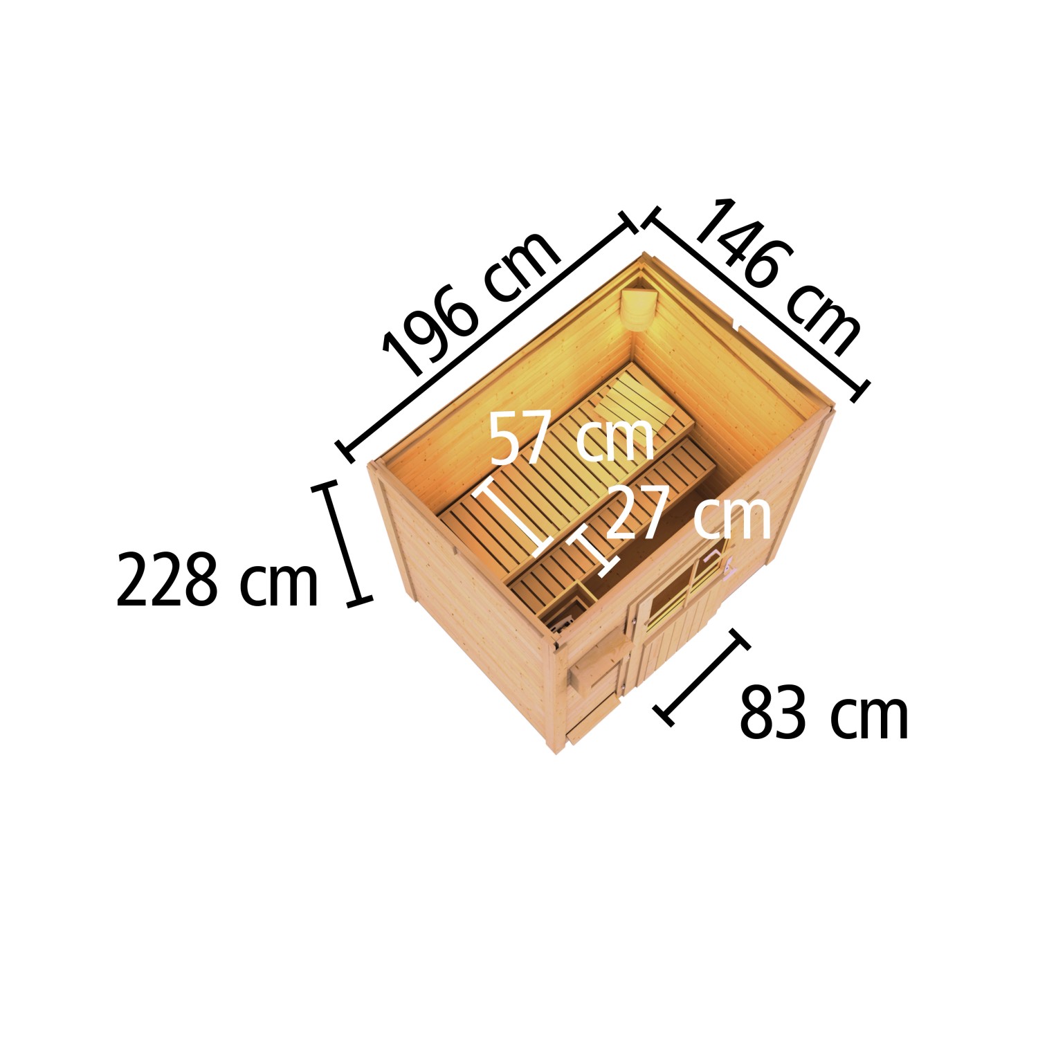 Karibu Saunahaus Arvi 1 Terragrau, Ansicht von oben mit Maßangaben.