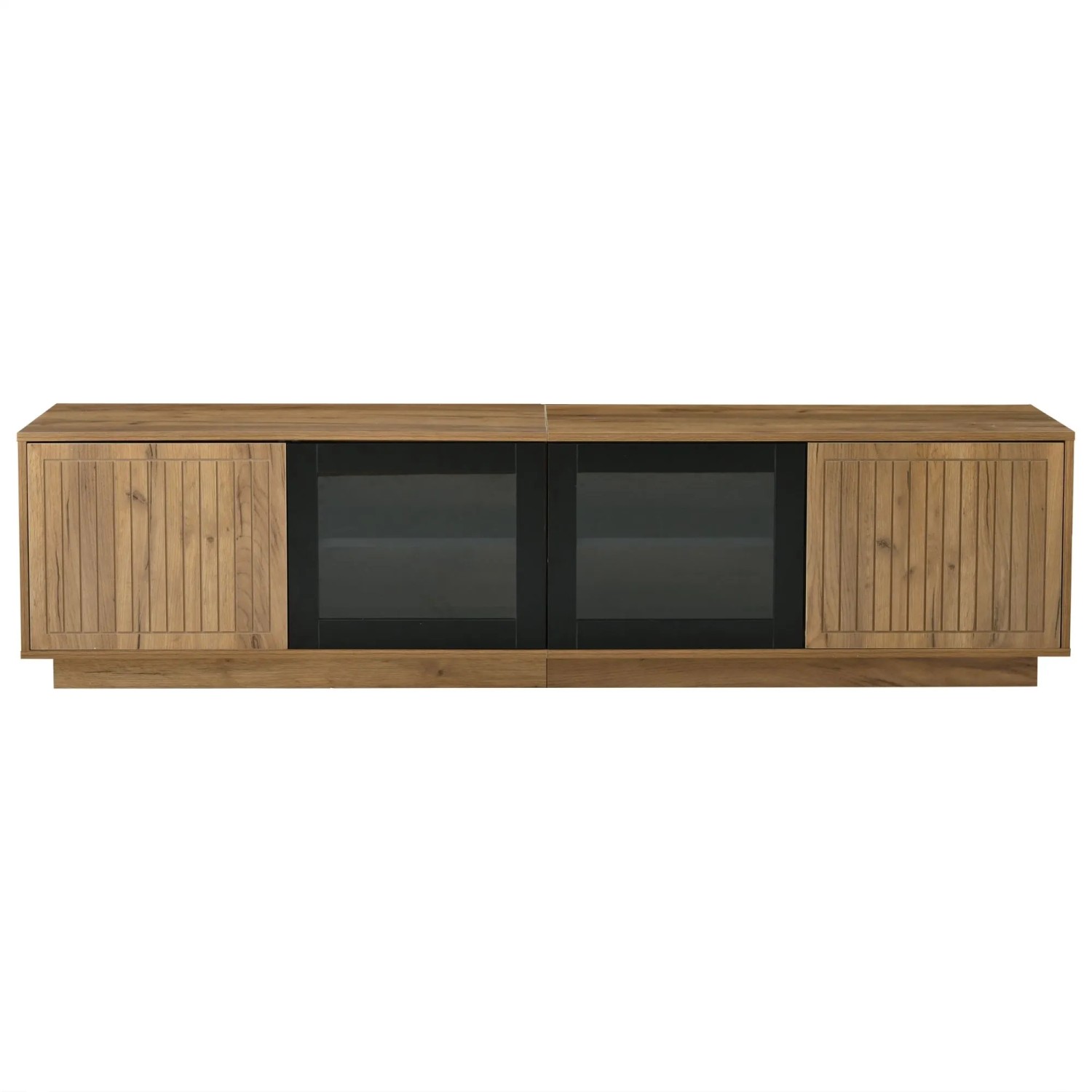 ModernLuxe TV Lowboard mit 4 Türen Led Beleuchtung Spanplatte Glas Natur Schwarz