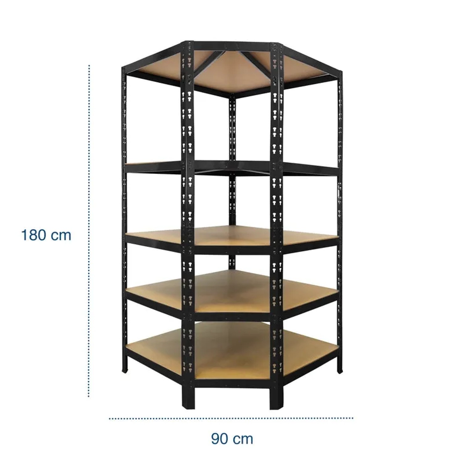 Schwarzes KARAT Eckregal mit 5 Böden, Traglast 875 kg, 180x90x42x60 cm. Ideal zur Raumnutzung.