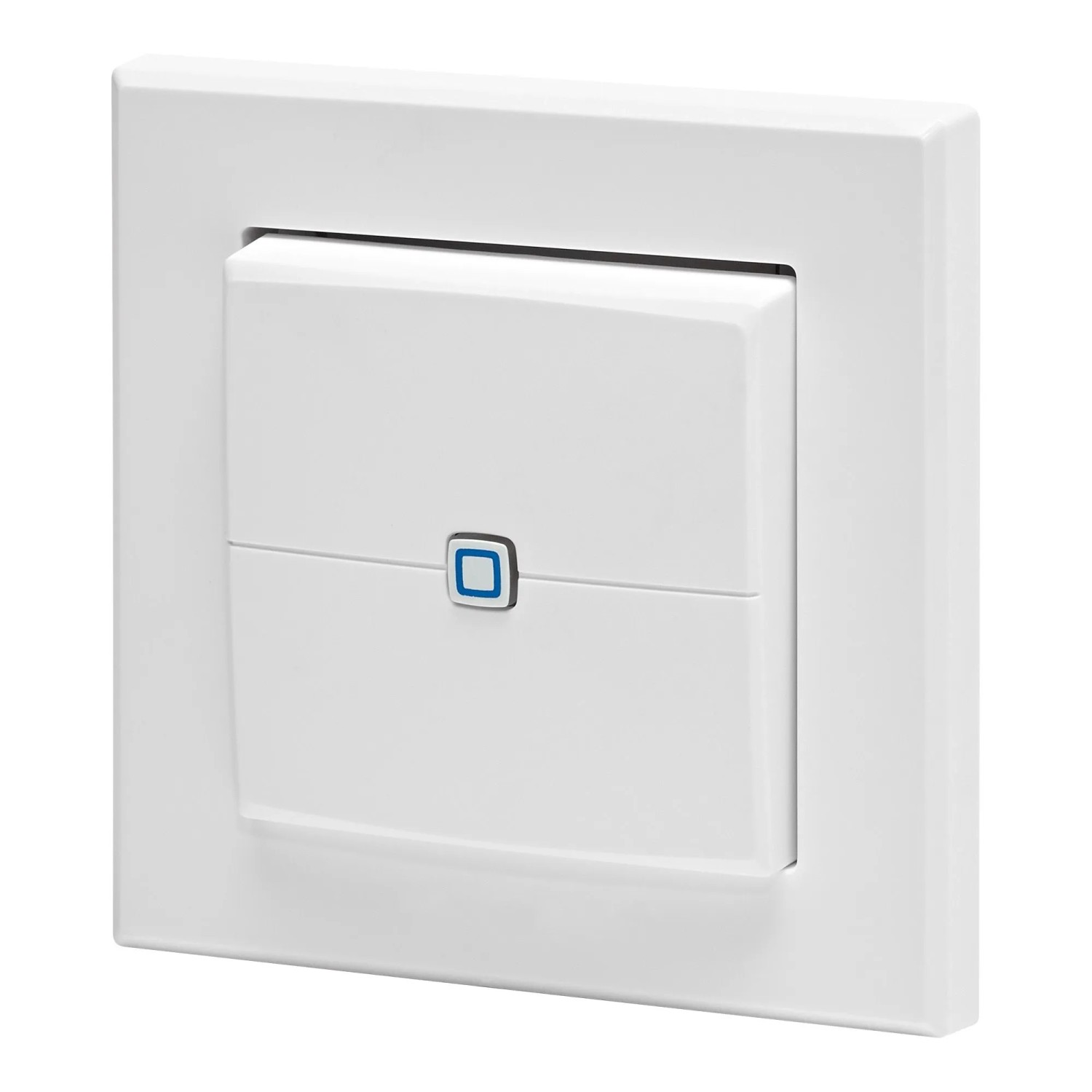 Weißer Homematic IP Wandtaster 2-fach, Funk-Schalter mit blauem Symbol, für Smart Home Steuerung.