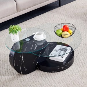 okwish Couchtisch Schwarz mit zwei ovalen Glasplatten und schwarzem Marmor-Look Unterbau für Wohnzimmer.