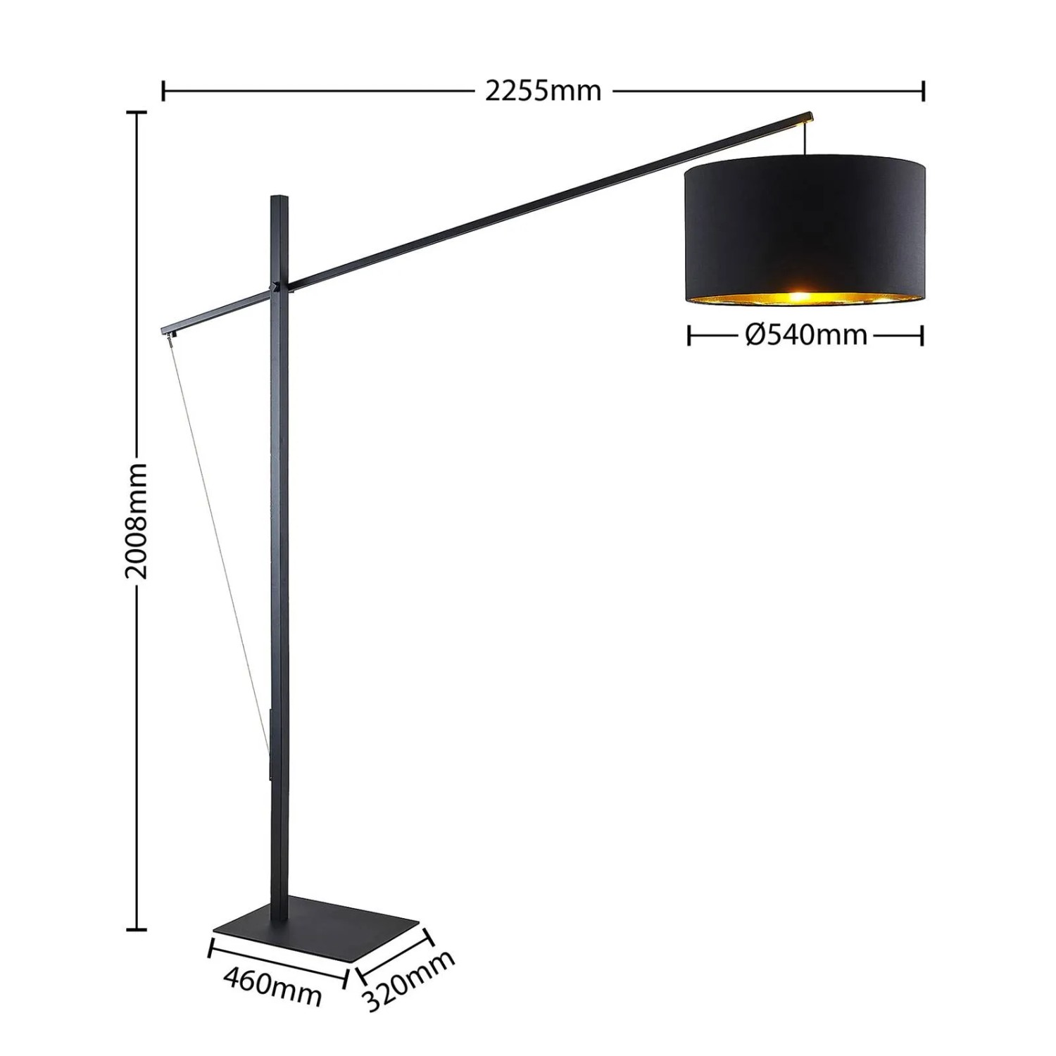 Moderne, schwarze Bogenlampe Mossa von Arcchio aus Metall für das Wohnzimmer.
