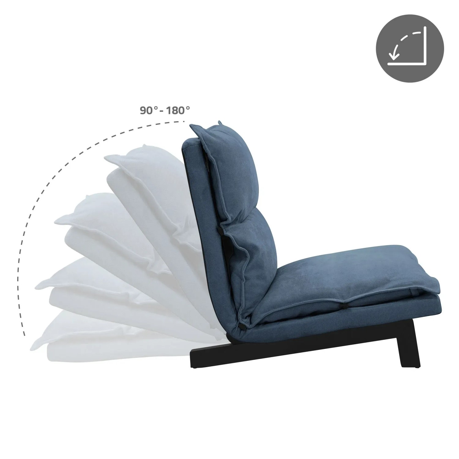 Blauer ML-Design Bodenstuhl mit verstellbarer Rückenlehne aus Leinen und Stahlgestell.