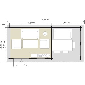 Grundriss Kiehn-Holz Gartenhaus KH 28-025 Unberührt, 580x250 cm, mit Maßen und Möblierung.