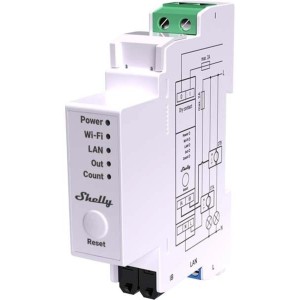 Weißer Shelly Energiezähler 50 A ProEM für Hausautomation, DIN-montierbar.