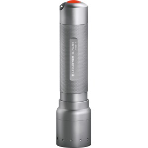 Solidline Pro 300 Taschenlampe, dimmbar, aus Aluminium. Kompakte, graue LED Lampe mit rotem Knopf.