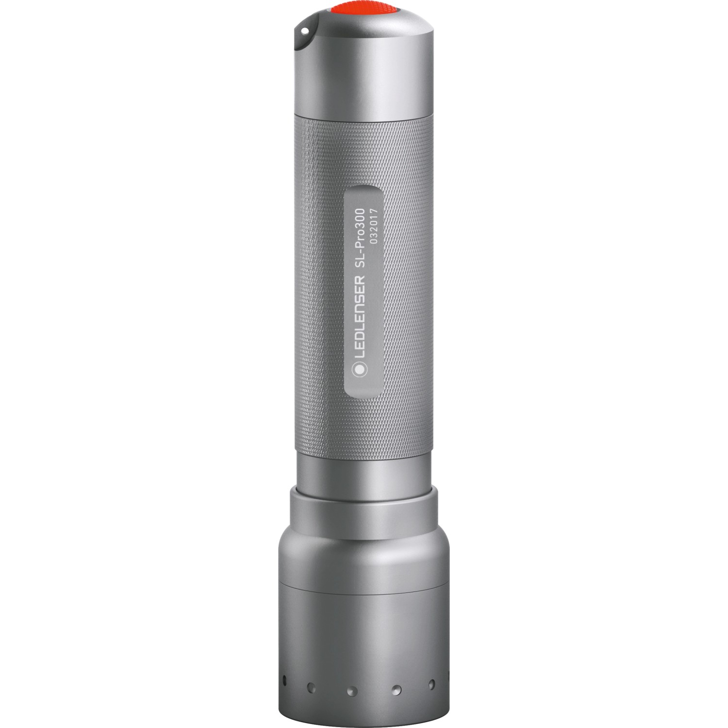 Solidline Pro 300 Taschenlampe, dimmbar, aus Aluminium. Kompakte, graue LED Lampe mit rotem Knopf.