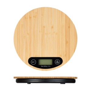 Digitale Relaxdays Küchenwaage aus Bambus mit schwarzem Display, Ansicht von oben und Seite.