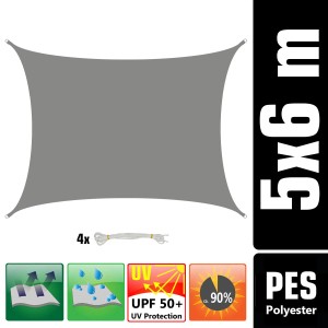 Rechteckiges, wasserdichtes, graues 6x5 m AMANKA Sonnensegel aus Polyester mit UV-Schutz.