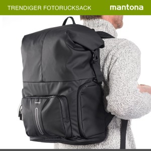 Mantona Kurier Outdoor Fotorucksack schwarz, Rollverschluss, seitlicher Zugriff, Außentaschen, getragen.