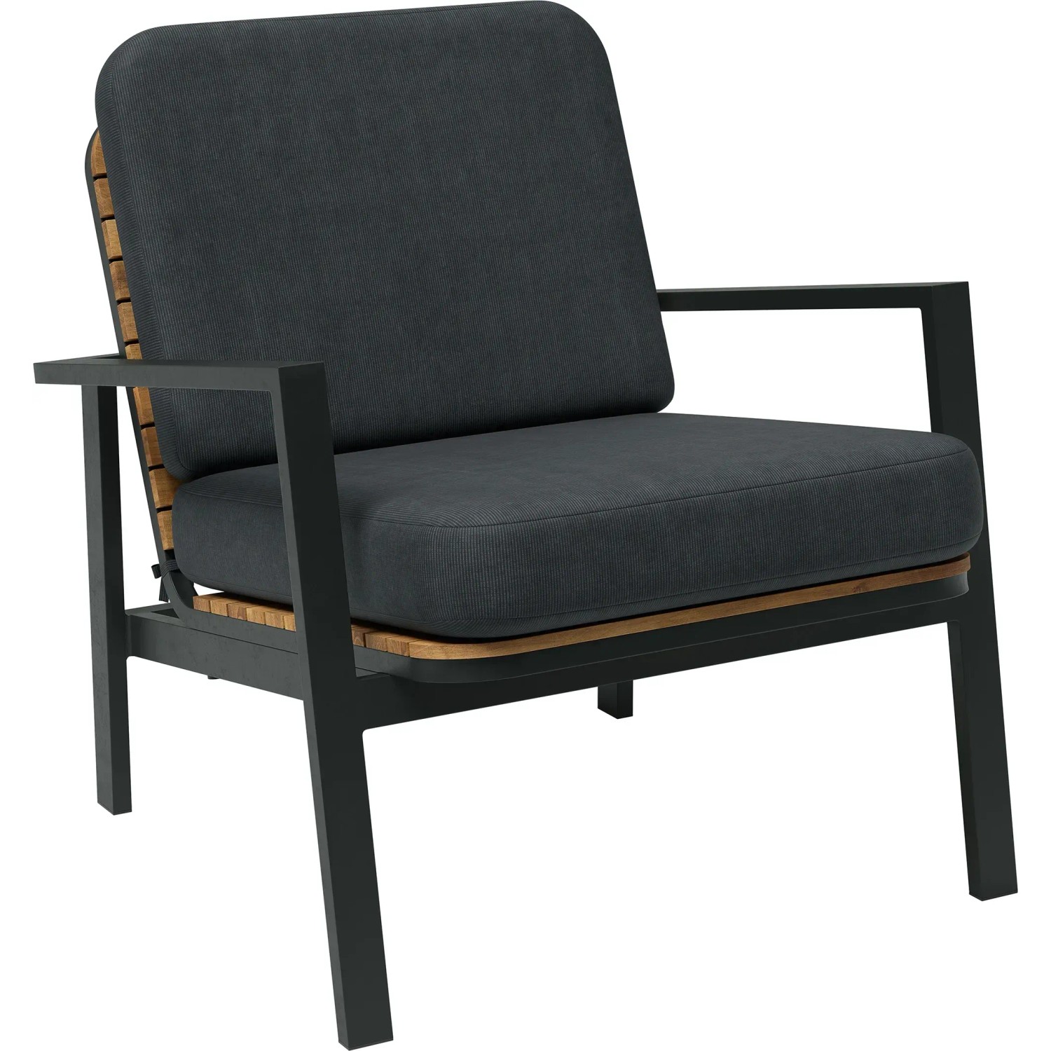 Sessel des 4-teiligen Lounge-Sets Olary aus Akazienholz mit dunklen Polstern und schwarzem Gestell.