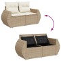 Beige 8-tlg. Garten-Sofagarnitur aus Rattan mit Kissen und Stauraum unter den Sitzen.