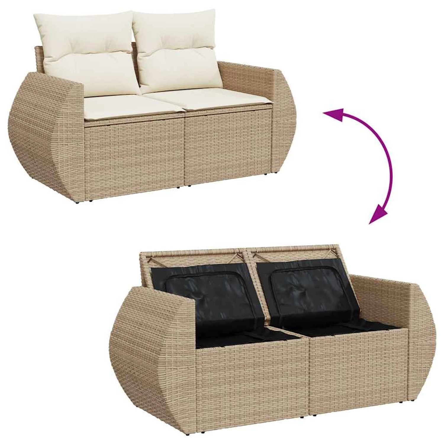 Beige 8-tlg. Garten-Sofagarnitur aus Rattan mit Kissen und Stauraum unter den Sitzen.