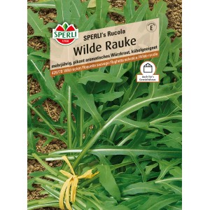Samenpackung Sperli Wilde Rauke "Sperli´s Rucola" mit grünen, gezackten Blättern.