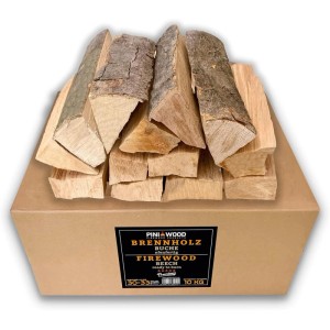PINI Brennholz Buche, ofenfertig, 10 kg, ca. 30-33 cm, in Karton. Ideal für Kamin, Grill, Feuerschale.