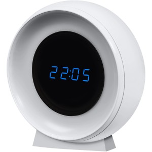Weißes Ledvance LED-Nachtlicht Nightlux mit Uhr und blau leuchtender Digitalanzeige.