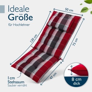 Rote, anthrazit-gestreifte Hochlehner-Auflage 120x50x8cm mit Kopfpolster und Befestigungsschnüren für Gartenstuhl.