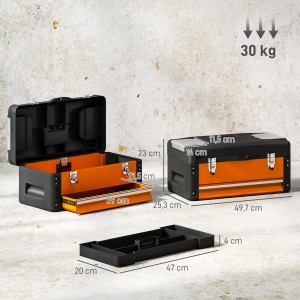 HOMCOM Werkzeugkiste leer, 49x25x23cm, mit Schublade. Werkzeugkasten in Schwarz/Orange.