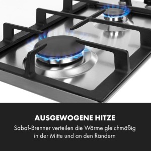 Klarstein Ignito Domino Gaskochfeld aus Edelstahl. Zwei Sabaf-Brenner mit blauen Flammen für gleichmäßige Hitze.