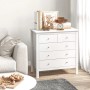 Weiße HOMCOM Kommode aus MDF/Spanplatte mit 5 Schubladen (2 klein, 3 groß) und silbernen Knäufen im Wohnzimmer.
