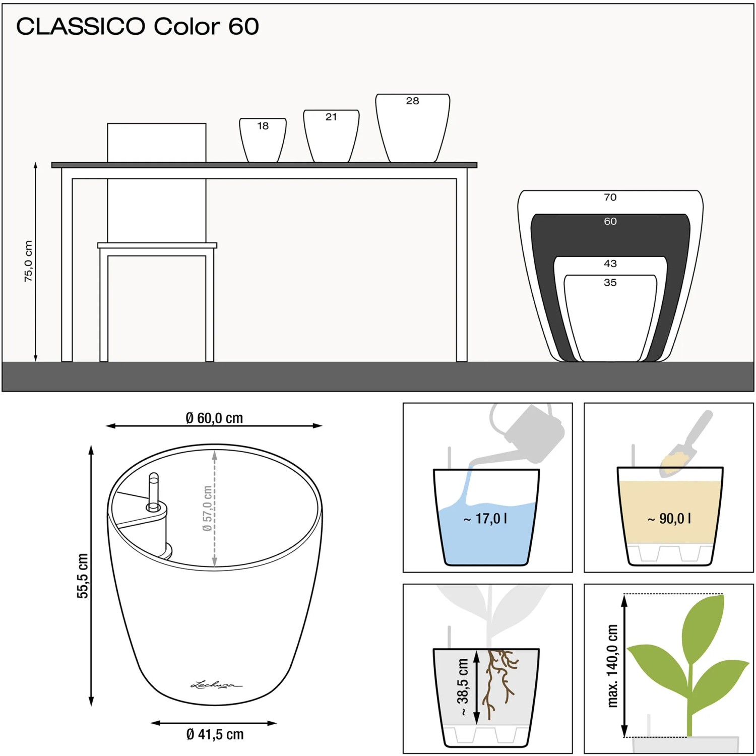 Lechuza Classico Color Pflanzgefäß, Ø 59cm, weiße Maße und Füllmengen für Bewässerungssystem.