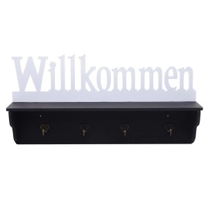 Schwarze Wandgarderobe mit 4 Haken, Ablage und weißem "Willkommen" Schriftzug.