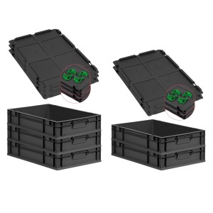 PROREGAL SparSet: 5 schwarze Euroboxen mit Deckel und grünen Verschlüssen, 23 Liter, 12x40x60cm.