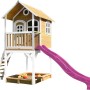 Axi Sarah Spielhaus aus Holz in Braun-Weiß mit lila Rutsche und Sandkasten.