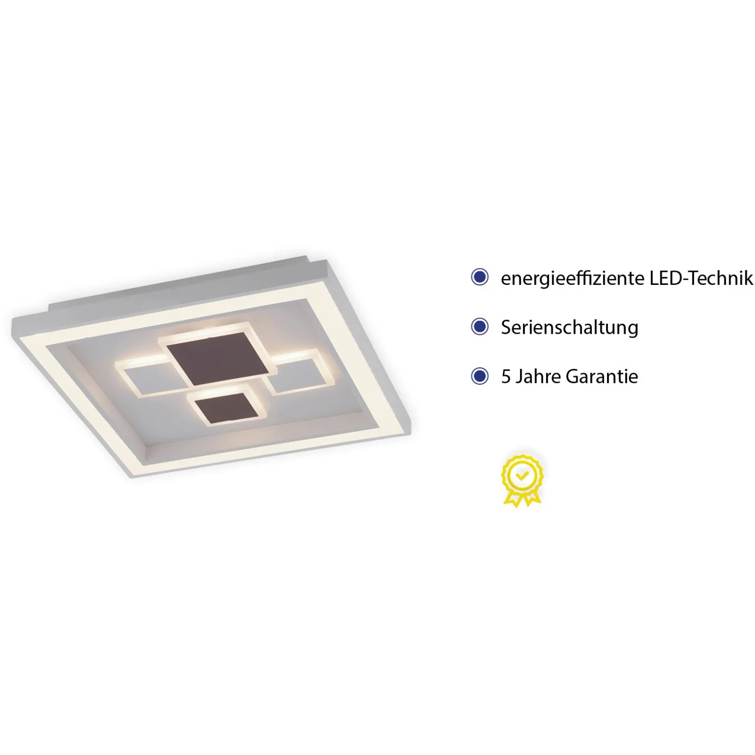 Moderne, weiße LED-Deckenleuchte Eliza, 48x48 cm, mit quadratischen Elementen. Ideal als Wohnraumleuchte.