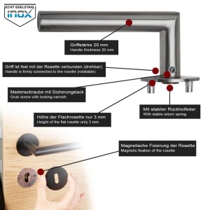 SOTECH Türdrückergarnitur THORE Edelstahl SS304 mit Flachrosetten und Magnetischer Cliptechnik Bad WC mit Befestigungsmaterial